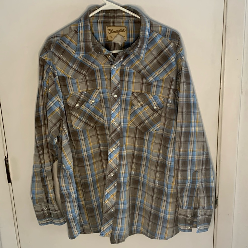Vintage Wrangler brown blue plaid western shirt with metallic silver